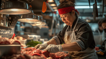 Woman Work Hard at Butchery in Meat Shop | Butcher Photo