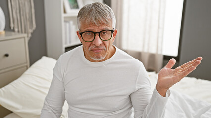 Middle-aged man with glasses sitting in a bedroom expressing confusion