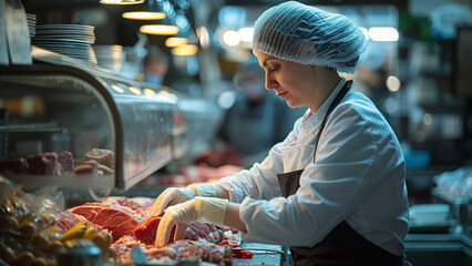 Woman Work Hard at Butchery in Meat Shop | Butcher Photo