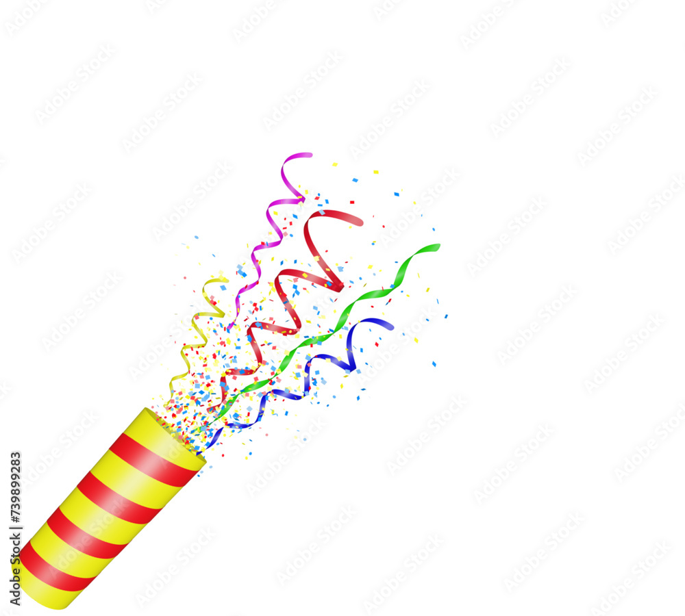 Aufkleber Party popper with flying confetti. Yellow and red firecracker explodes with serpentine. Birthday and anniversary banner with empty space for text. Isolated on white background