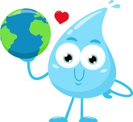 Blue Water Drop Cartoon Character Holding Earth Globe World. Vector Illustration Flat Design Isolated On Transparent Background