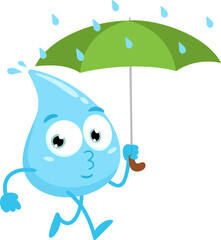 Blue Water Drop Cartoon Character Walking With Umbrella Under The Rain. Vector Illustration Flat Design Isolated On Transparent Background