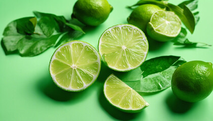 lime and sliced lime, isolated light green background, above view. copy space for text

