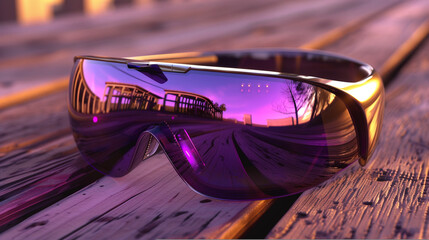 Elegant VR glasses with an amethyst purple glass exterior, displayed on a rustic wooden table. The design is lightweight and sleek, with the glasses catching the light of a setting sun.