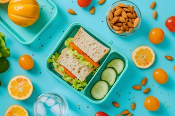 Flat lay school lunch box with sandwich veggies water almonds concept. Concept Back to School, Healthy Eating, Lunchtime, Nutritious Snack, School Supplies