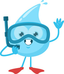 Happy Blue Water Drop Cartoon Character With Snorkel Waving. Vector Illustration Flat Design Isolated On Transparent Background