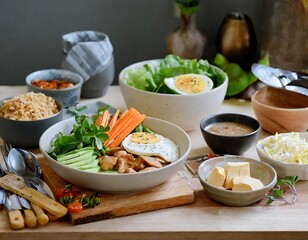 Plant-based clean home-made food on dinner table, simple healthy cooking delicious looking food with varieties of vegetables