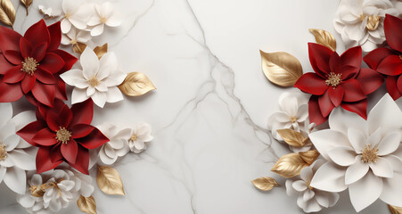 3D wallpaper of dark red flowers and golden leaves on a white marble background with space for copy