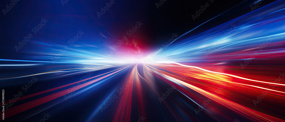 Wall mural High speed light motion trails futuristic wallpaper blur light glowing effect in blue and red light streaks on dark background