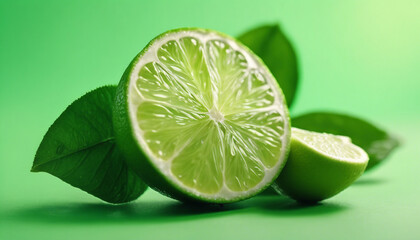 lime and sliced lime, isolated light green background, above view. copy space for text
