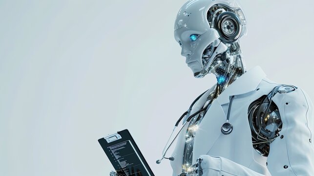 Humanoid robot doctor in a medical gown with statoscope and folder on white background. Futuristic technology and healthcare