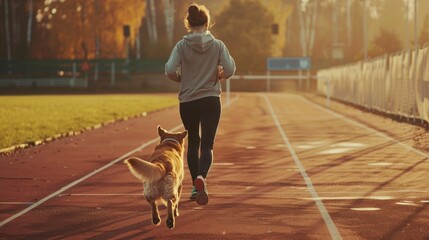 A girl with a dog goes in for sports, jogging in nature. Healthy lifestyle concept, training outside the home. Background for fitness advertising. - obrazy, fototapety, plakaty