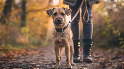 Man walks a dog in nature, in a park, forest, on the grass. Animal background for advertising.