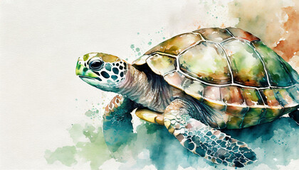 Turtle, watercolor art, canvas background, copy space on one side