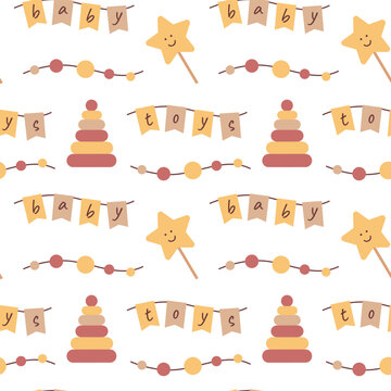 Seamless pattern with kids toys and letters on the flags. Vector texture for textile or wrapping paper with pyramids and smiling stars. Tender wallpapwe for children.