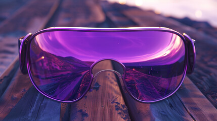 Elegant VR glasses with an amethyst purple glass exterior, displayed on a rustic wooden table. The design is lightweight and sleek, with the glasses catching the light of a setting sun.