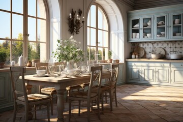 Fototapeta na wymiar an European style kitchen interior design with tall windows advertising photography