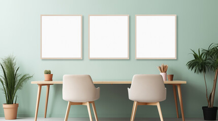 Minimalist Home Office with Triple Blank Wall Frames, Modern Furniture, and Plant Decor