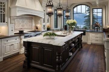 an European style kitchen interior design with tall windows advertising photography