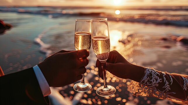 Newlywed couple joyfully toasts champagne on the beach after wedding ceremony. Close-up hands with champagne glasses, capturing a romantic sunset celebration