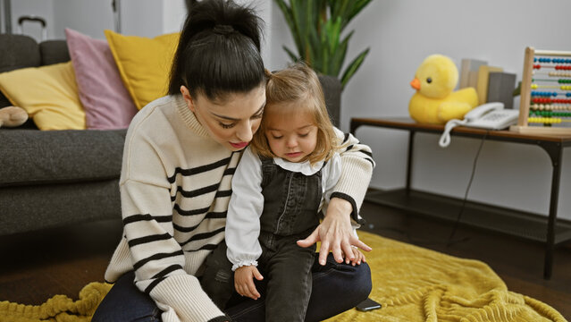 Woman and girl, presumable mother and daughter, share a heartwarming moment on a cozy room floor surrounded by toys.