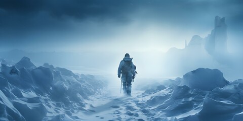 Naklejka na ściany i meble Polar explorer braves melting Arctic capturing courage and perilous adventure. Concept Exploration, Arctic, Adventure, Courage, MeltingIce