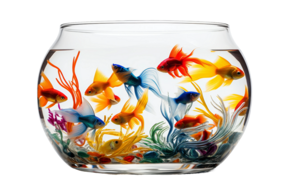 Colorful Fish Swimming in Glass Aquarium on white background