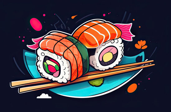 Composition of two uramaki sushi with sticks on a plate isolated on dark background 