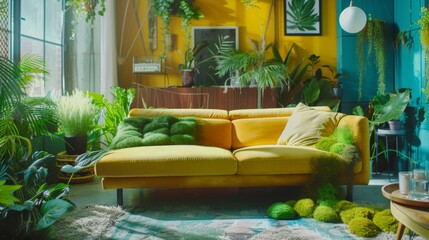 Comfortable colorful minimalist interior overgrown with grass and flowers. Sunlight from the window. Green lifestyle. A harmonious room with grass, flowers and plants inside.