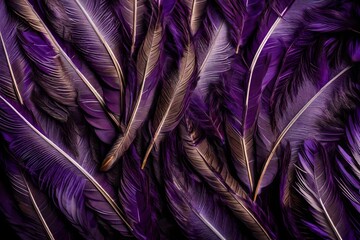 : A stunning close-up of delicate feathers arranged against a rich purple background, each detail crisp and defined under the high-definition lens. 