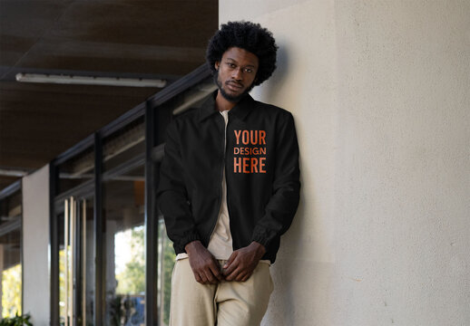 Mockup of man wearing customizable jacket with zipper