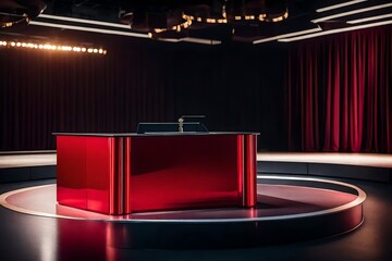 : A professional photograph capturing a red podium against a sleek, modern background, the podium's glossy surface reflecting the surrounding environment. 