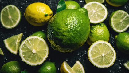 lime lemon and sliced lime, isolated dark stone background, above view