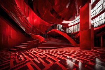 : A dynamic perspective shot showcasing a red podium from a low angle, emphasizing its grandeur and importance in the space it occupies - obrazy, fototapety, plakaty