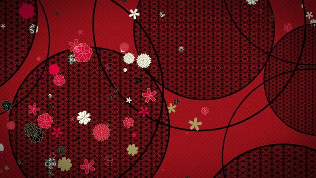花のモチーフが舞い上がる和柄の背景　ループ　ゴールド