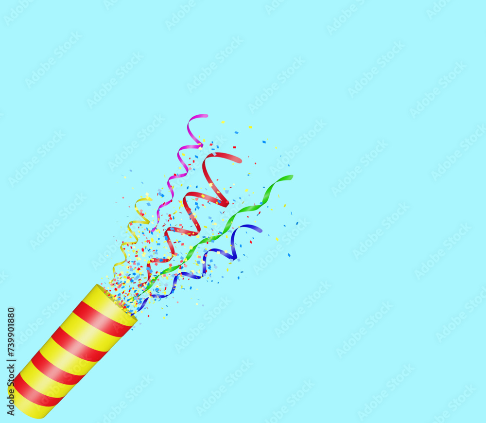 Aufkleber Party popper with flying confetti. Yellow and red firecracker explodes with serpentine on blue background. Birthday and anniversary banner with empty space for text. 3d render