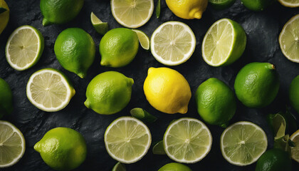 lime lemon and sliced lime, isolated dark stone background, above view