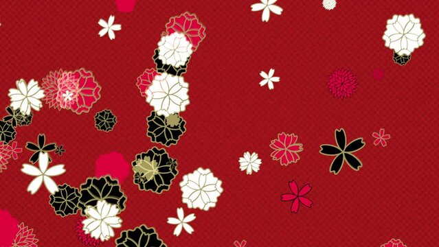 和柄の花のモチーフが舞い上がるレトロでポップな背景　ループ　赤色の一松模様　大