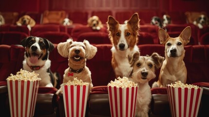 Dogs of different breeds sit on red chairs in a movie theater with popcorn. Advertising concept of a cute animal for cinemas, pet stores. - 739902028