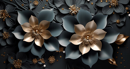 3D wallpaper of graphite and silver flowers on a dark background