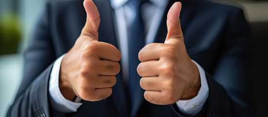 A closeup shot of a businessman wearing a suit and showing a thumbs up gesture.