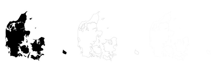 Denmark country silhouette. Set of 3 high detailed maps. Solid black silhouette, thick black outline and thin black outline. Vector illustration isolated on white background.