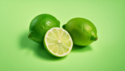 lime lemon and sliced lime, isolated light green background, above view

