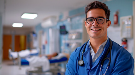 Portrait of a smiling doctor with a blue doctor's coat and a clinic in the background