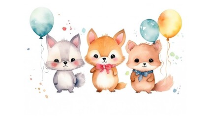 Fototapeta premium A watercolor scene of cute animals with balloons, suitable for a festive children's invitation or a delightful nursery print, with ample text space.