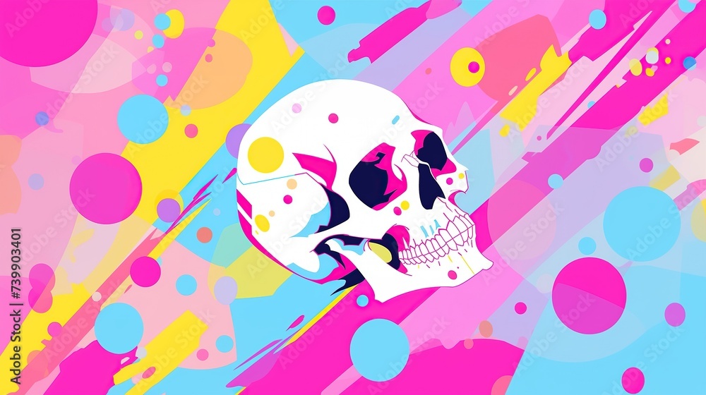 Poster a skull immersed in abstract color splashes on a vibrant background, embodying creativity and expres