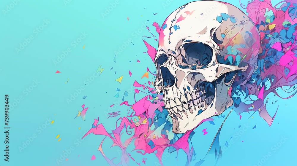 Poster A vibrant skull with abstract elements in a splatter of colors represents creative expression, suited for artistic projects or modern designs, and includes space for text.