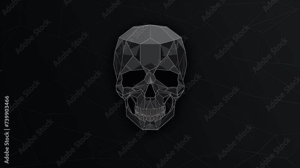 Poster geometrically stylized skull is depicted against a dark background with intricate line work, ideal f