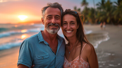 Obraz premium couple at sunset, two happy pensioners