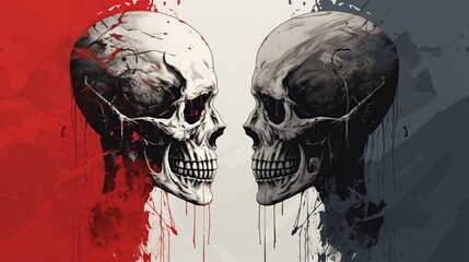 Grunge-style skulls with blood splatter on a red and gray background, embodying themes of horror and mortality, apt for thematic designs and with ample space for text.